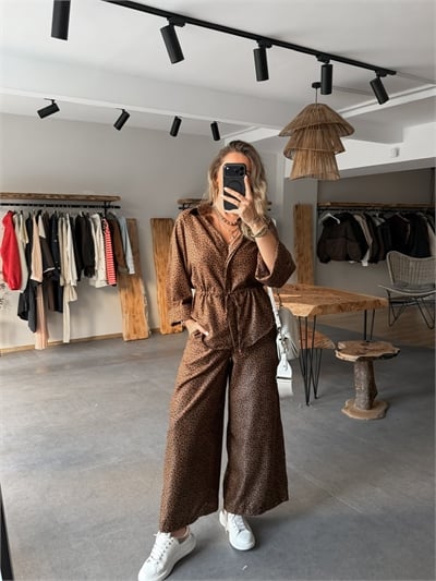 Leopar Süet Dokulu Beli Büzgü İpli Takım