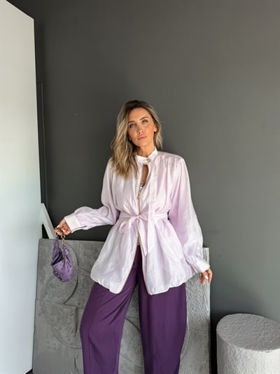 Lila Kuşaklı Fermuarlı Balon Ceket