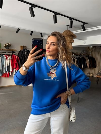 Mavi Ayıcık Figürlü Orijinal Sweatshirt