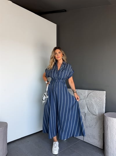 Mavi Çizgili Serpme Taşlı Maxi Elbise