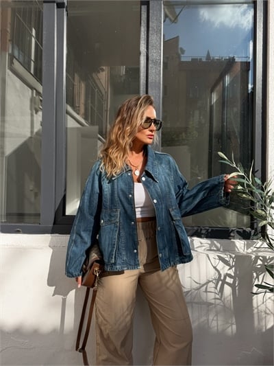 Mavi Geniş Cepli Oversize Orijinal Kot Ceket