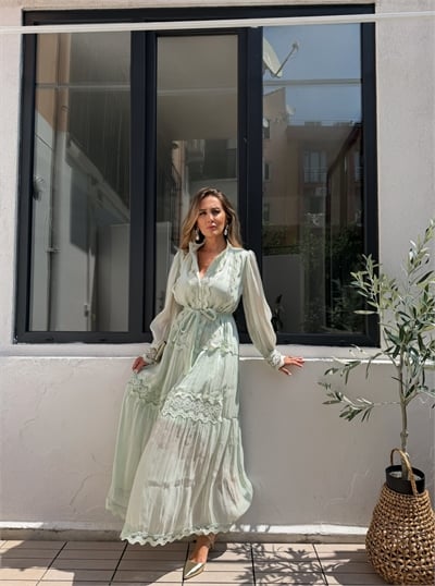 Mint Fistolu Maxi Boy Şifon Elbise