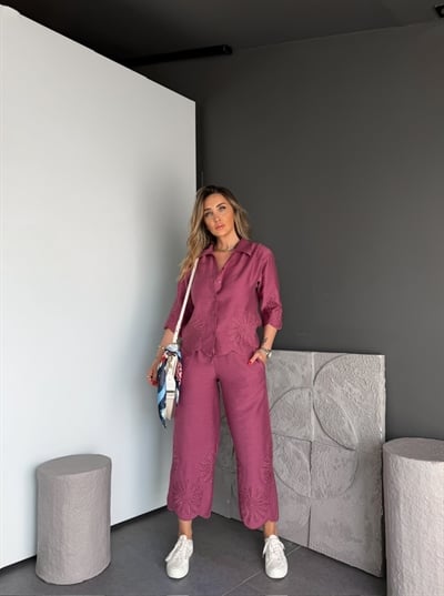 Mürdüm Eteği Nakışlı Premium Keten Takım