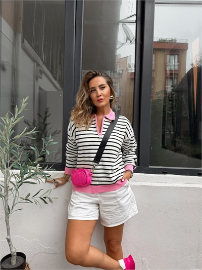 Pembe Yaka Fermuarlı Çizgili Triko