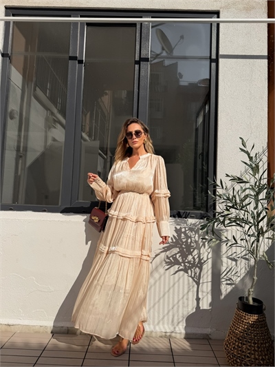 Pudra Katlı Beli Lastikli Parlak Şifon Elbise