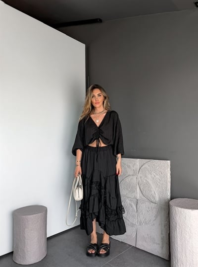 Siyah Büzgü Detaylı Etekli Bohem Takım