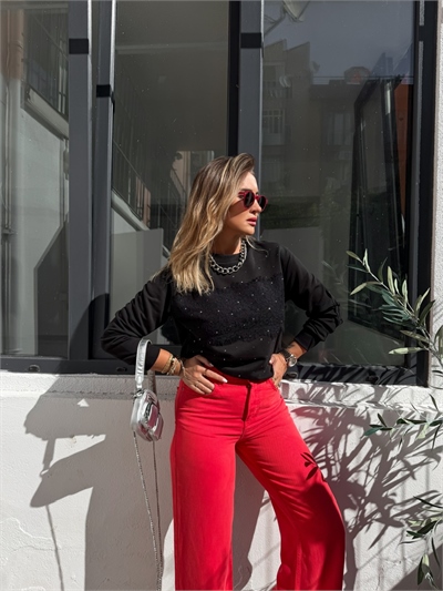 Siyah Dantelli Taşlı Sweatshirt