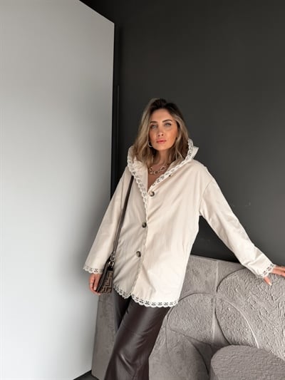 Taş Fisto Şeritli Kapşonlu Trençkot