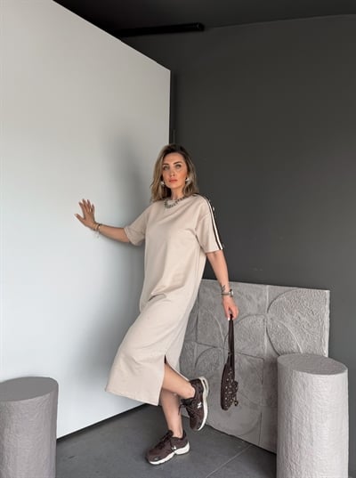 Taş Işıltılı Şeritli Modal Elbise