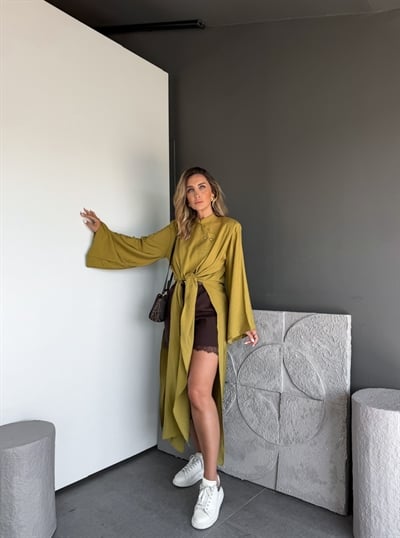 Yağ Yeşili Yırtmaçlı Uzun Kimono