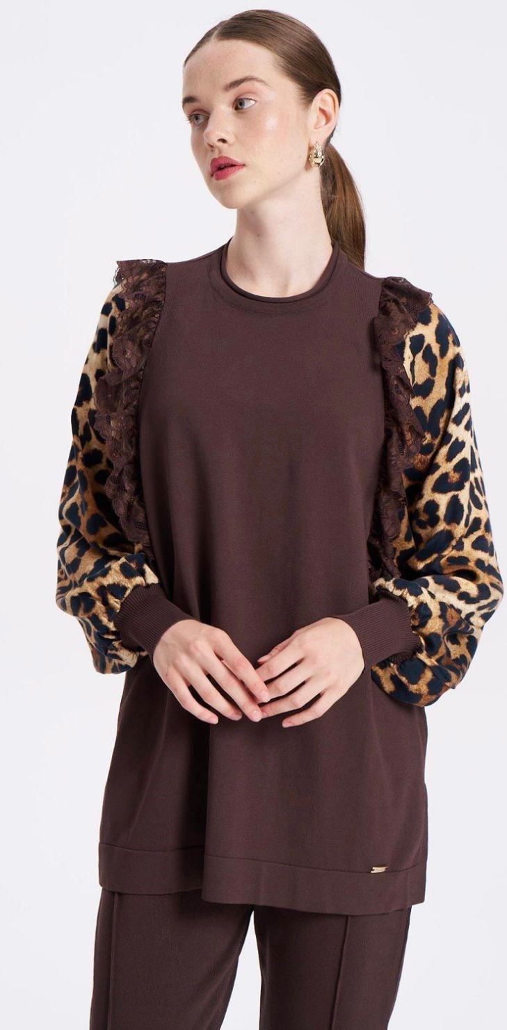 NİLİWİ LEOPAR KOLLU DANTEL FIRFIRLI TUNİK