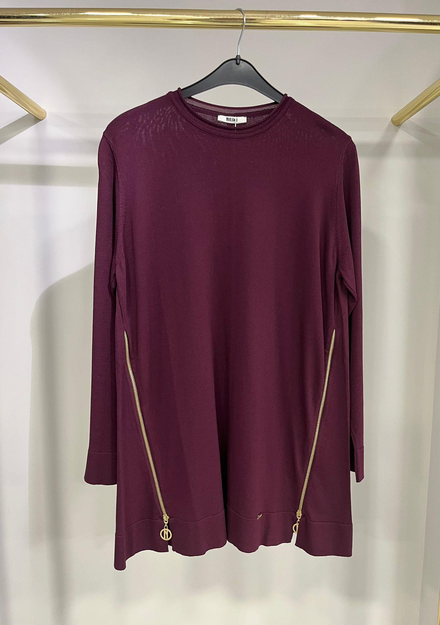 Niliwi Yanları Fermuarlı Bordo Tunik