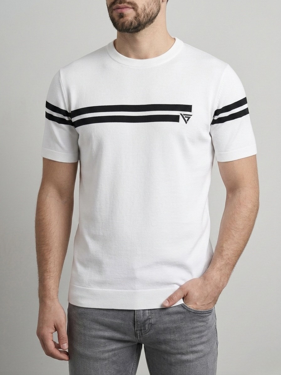  Erkek Beyaz Çizgili Bisiklet Yaka Slim Fit T-Shirt