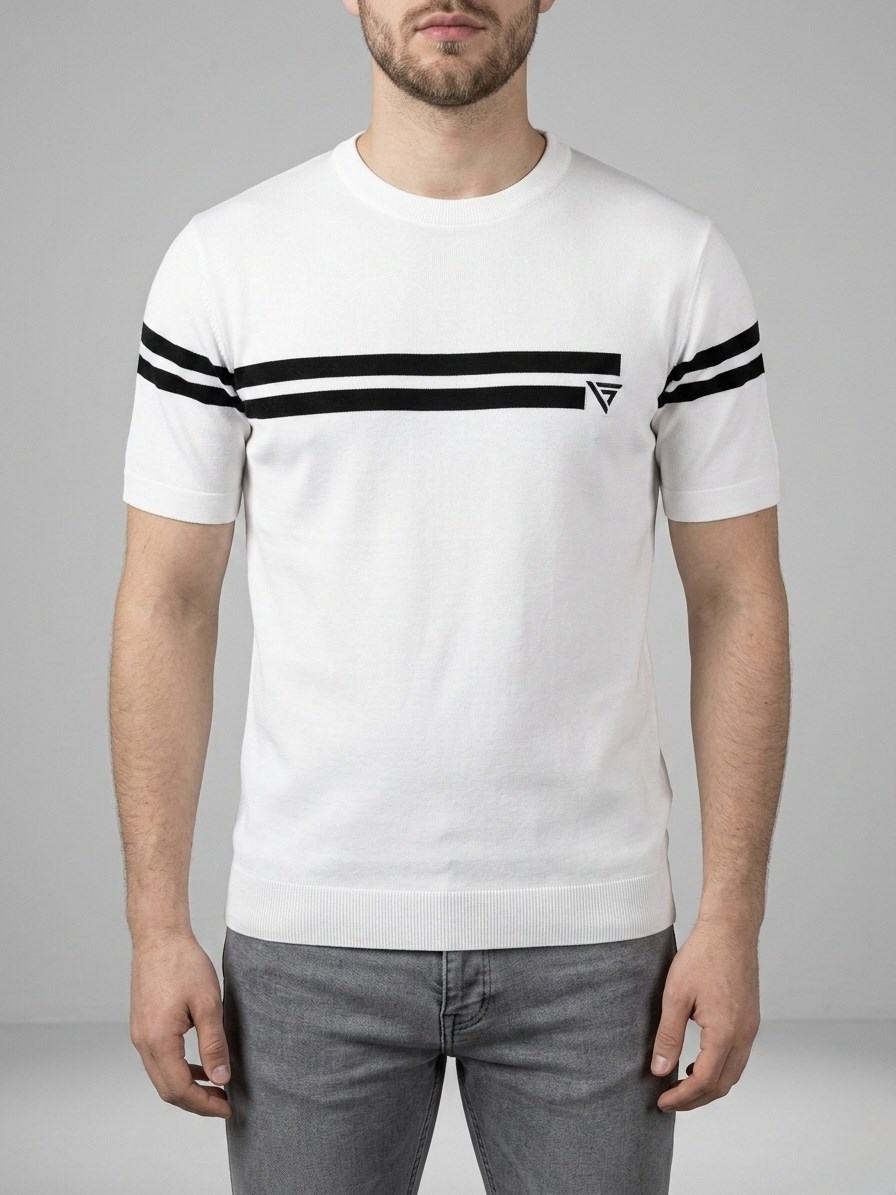  Erkek Beyaz Çizgili Bisiklet Yaka Slim Fit T-Shirt