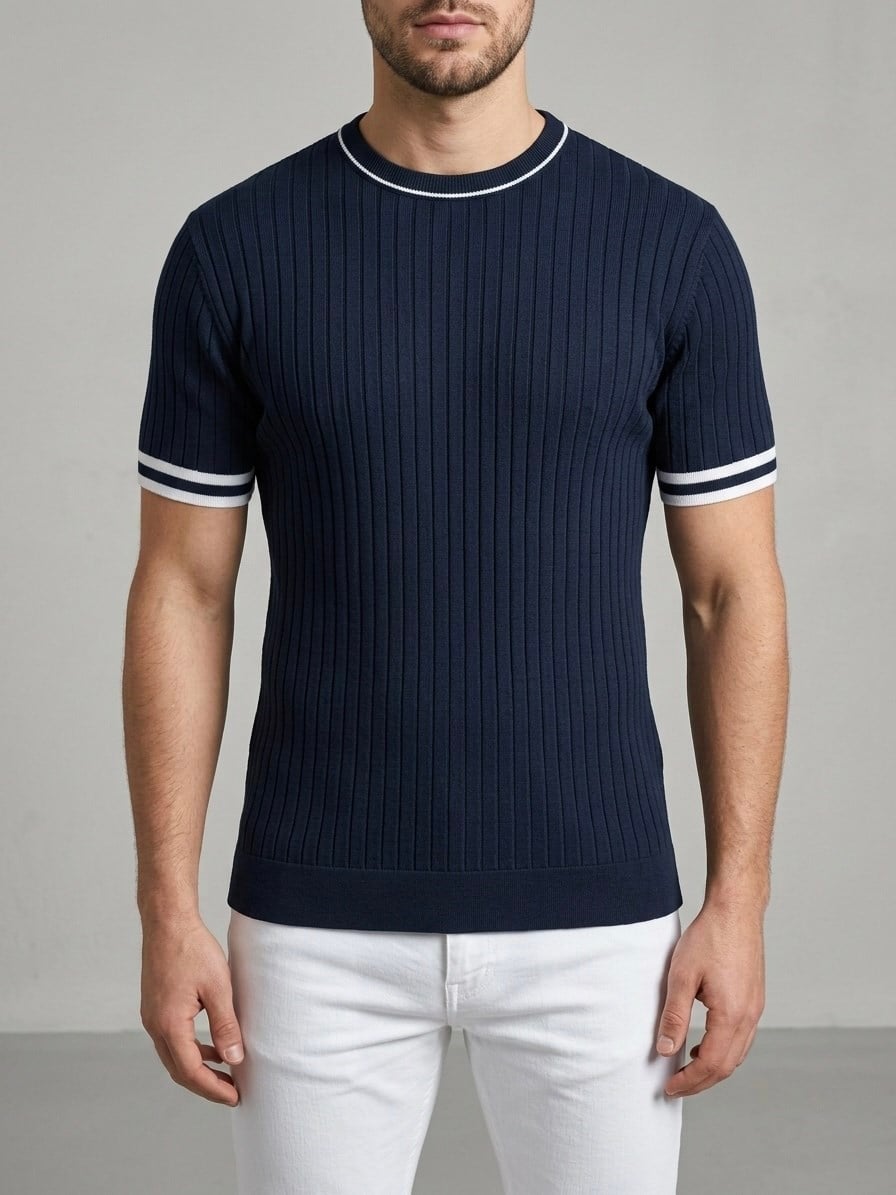  Erkek Ekru Fitilli Slim Fit Bisiklet Yaka Triko T-Shirt - Lacivert