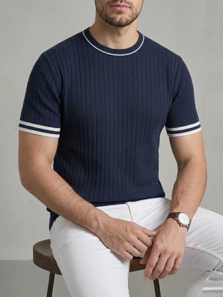  Erkek Ekru Fitilli Slim Fit Bisiklet Yaka Triko T-Shirt - Lacivert