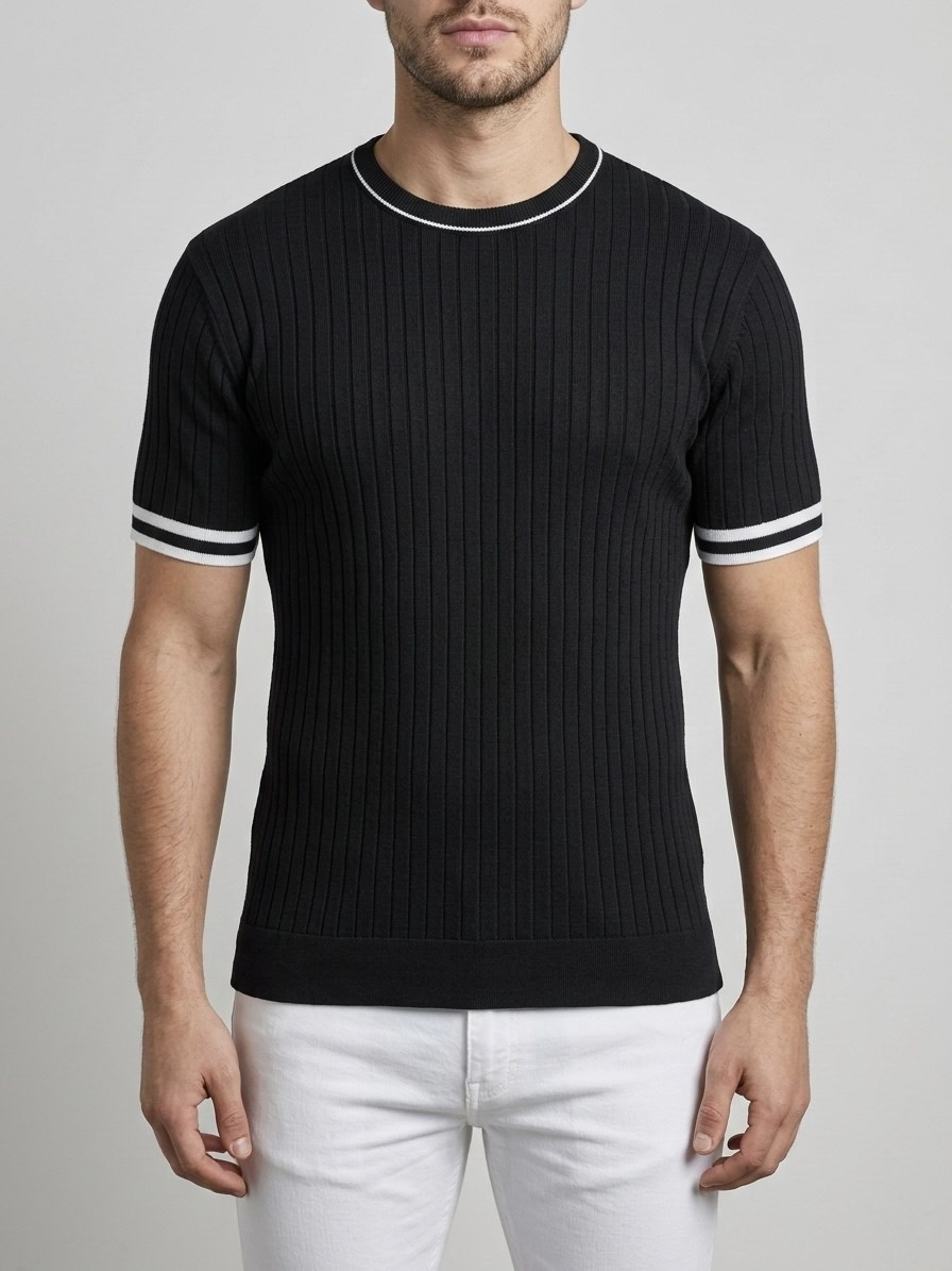  Erkek Ekru Fitilli Slim Fit Bisiklet Yaka Triko T-Shirt - Siyah