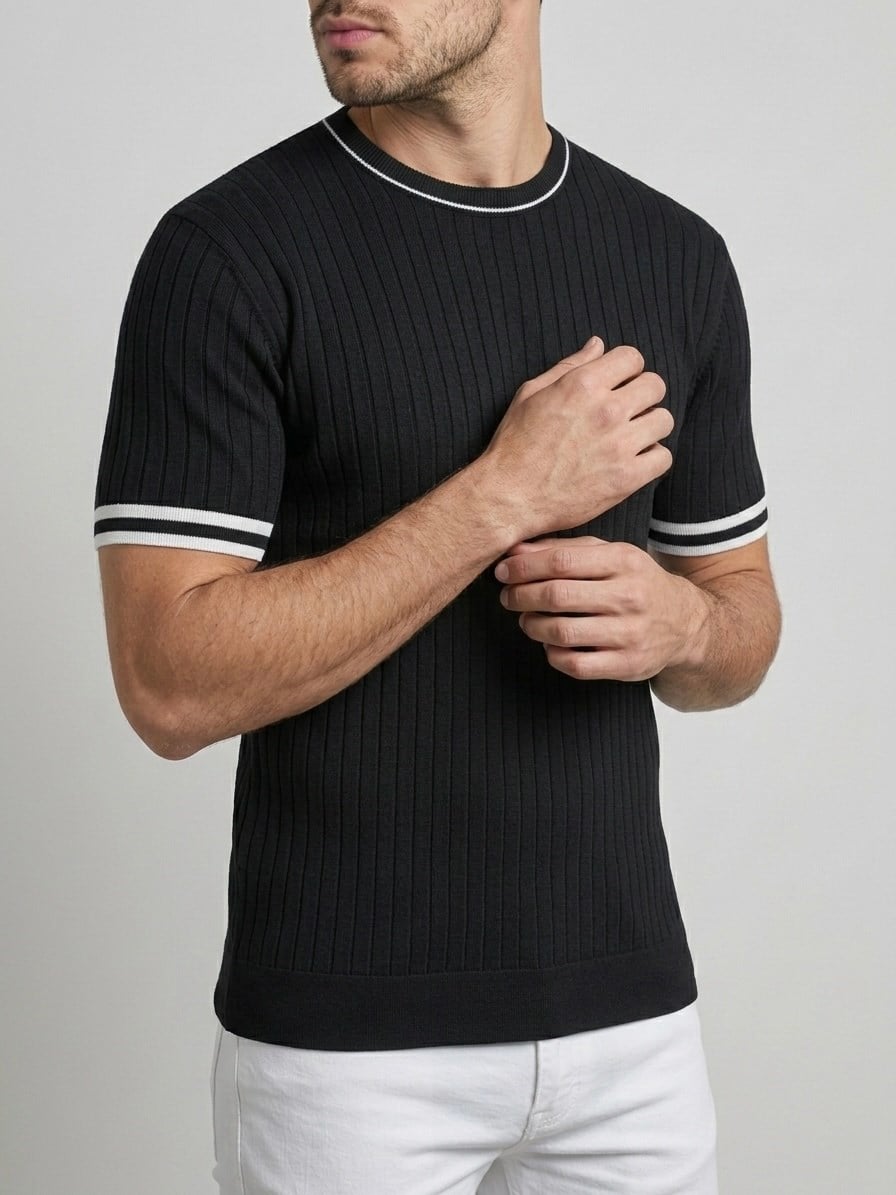  Erkek Ekru Fitilli Slim Fit Bisiklet Yaka Triko T-Shirt - Siyah