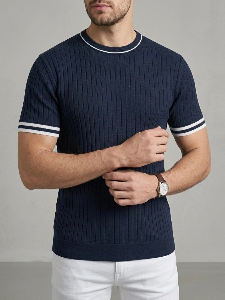  Erkek Ekru Fitilli Slim Fit Bisiklet Yaka Triko T-Shirt - Lacivert