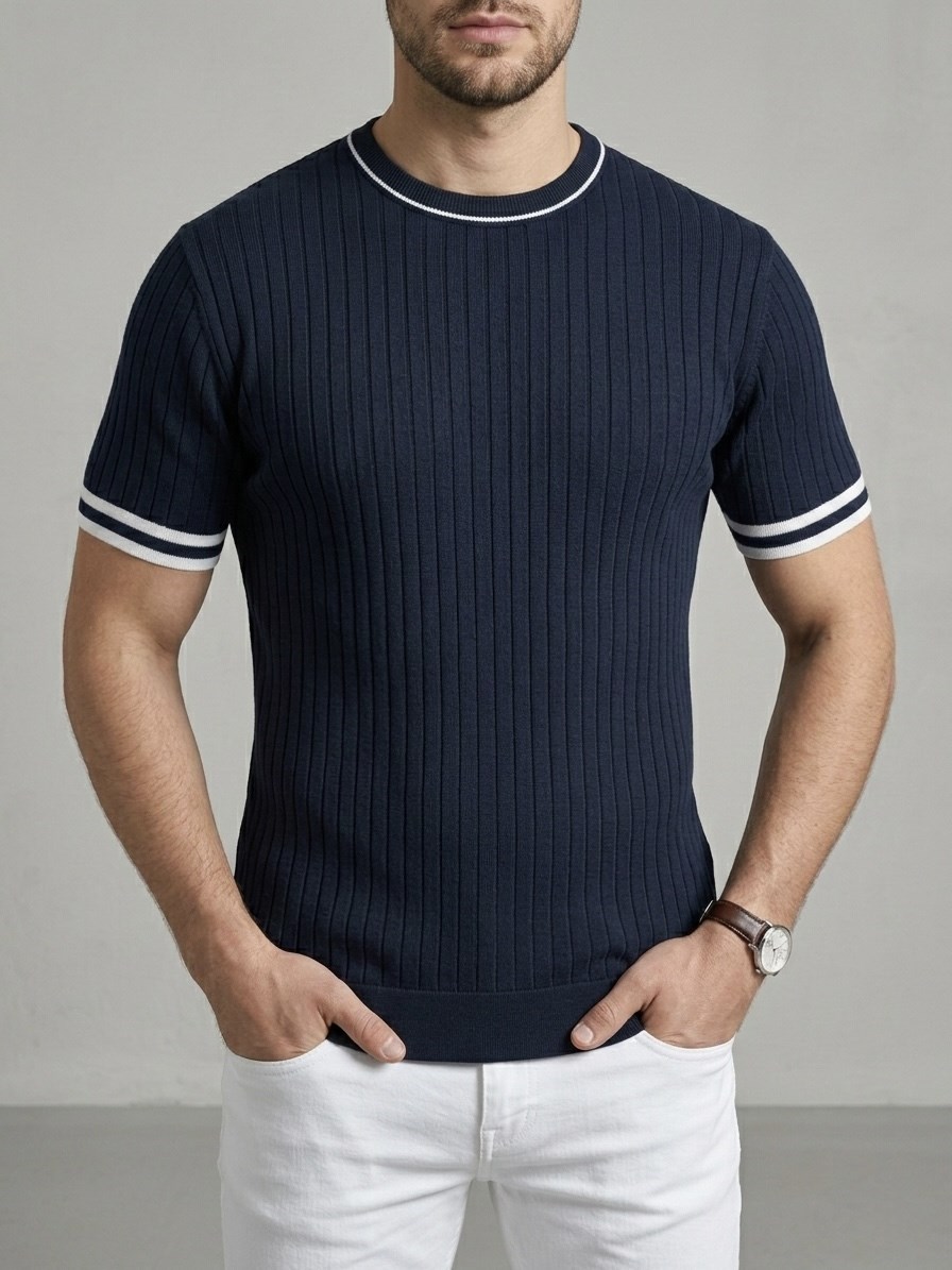  Erkek Ekru Fitilli Slim Fit Bisiklet Yaka Triko T-Shirt - Lacivert