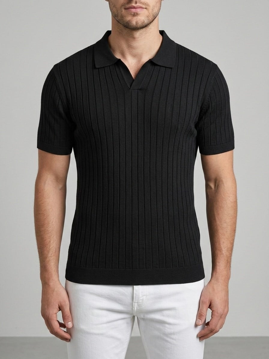  Erkek Slim Fit Ekru Triko Polo Yaka T-Shirt - Siyah