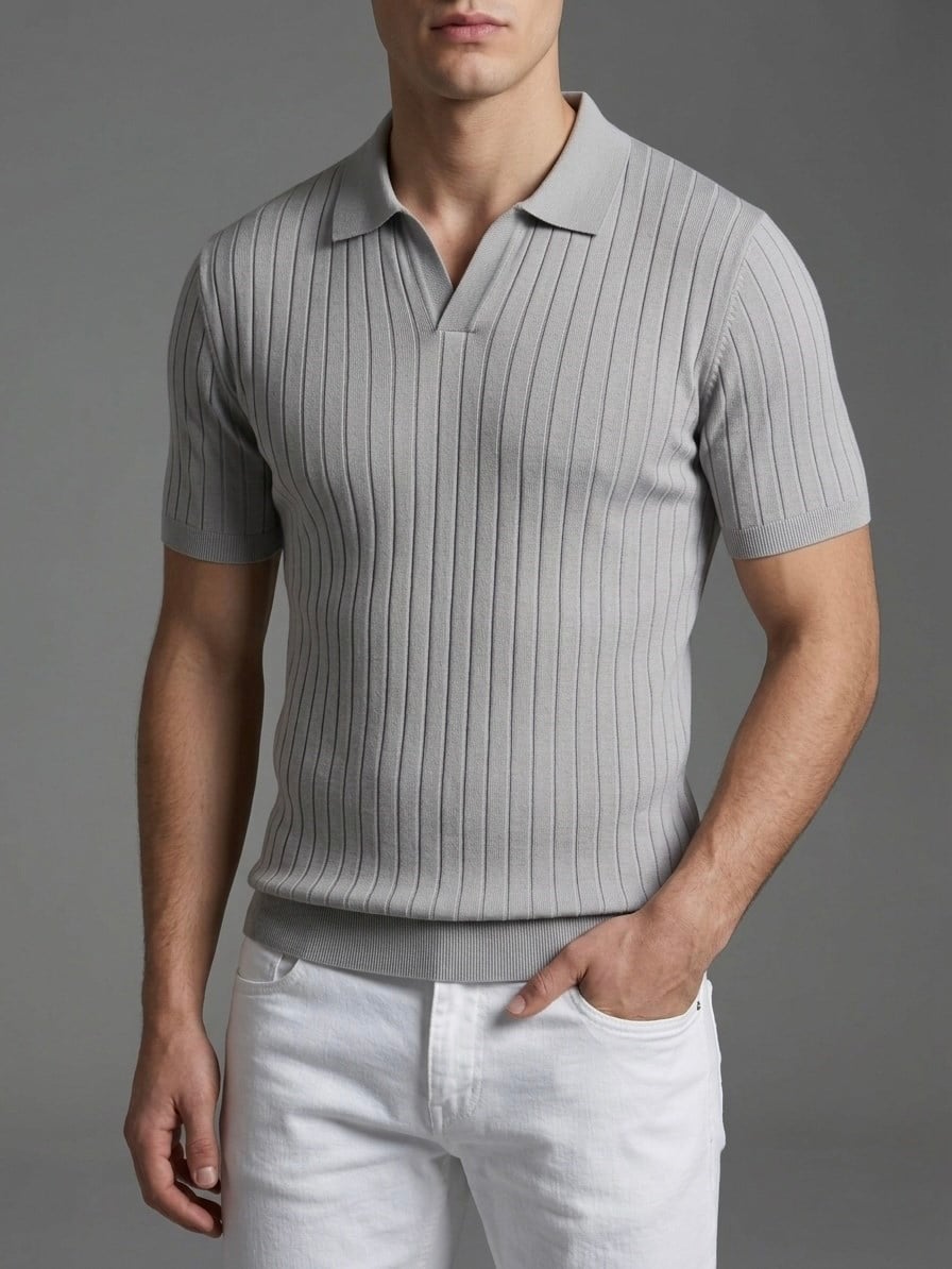  Erkek Slim Fit Ekru Triko Polo Yaka T-Shirt - Gri