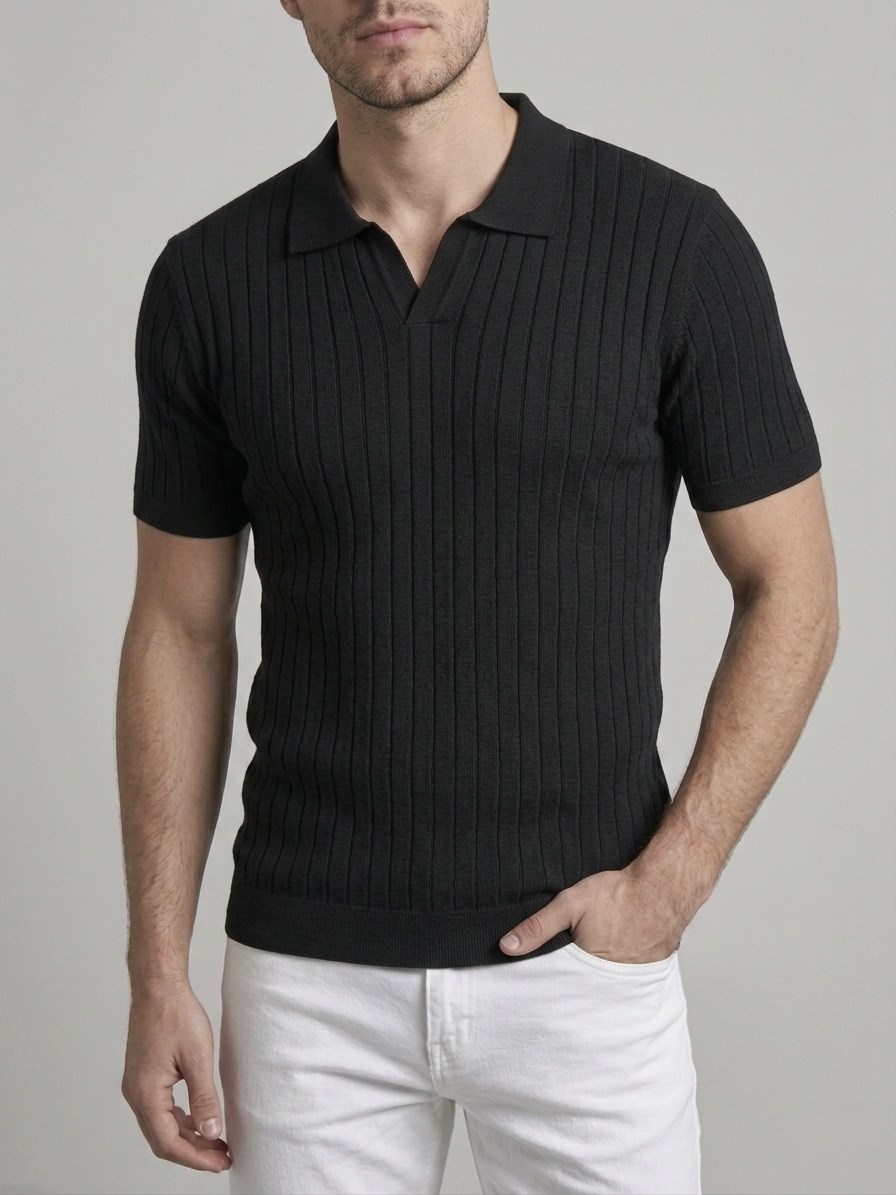  Erkek Slim Fit Ekru Triko Polo Yaka T-Shirt - Siyah