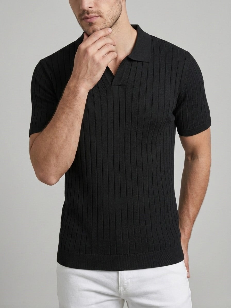  Erkek Slim Fit Ekru Triko Polo Yaka T-Shirt - Siyah