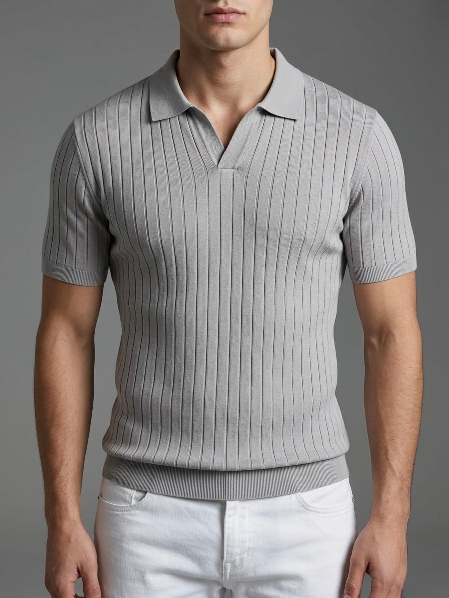  Erkek Slim Fit Ekru Triko Polo Yaka T-Shirt - Gri