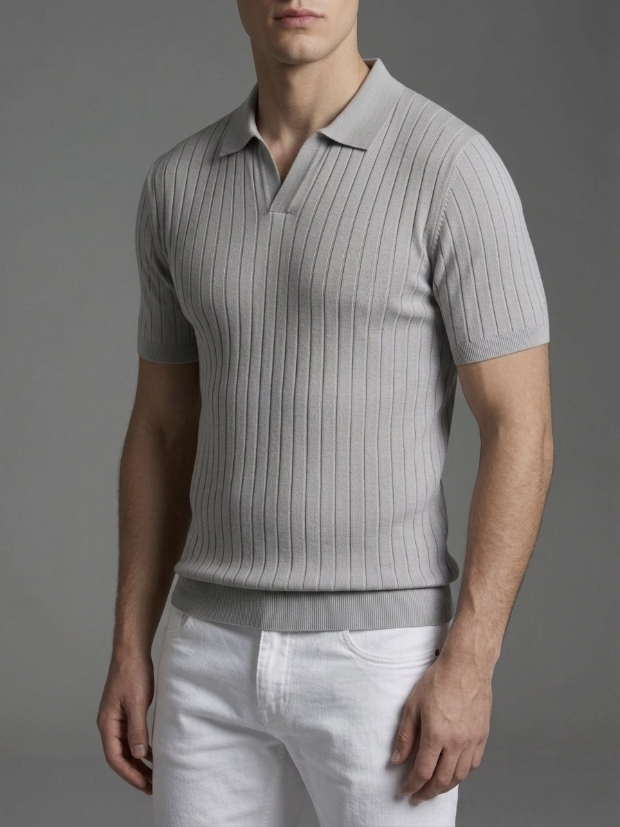  Erkek Slim Fit Ekru Triko Polo Yaka T-Shirt - Gri