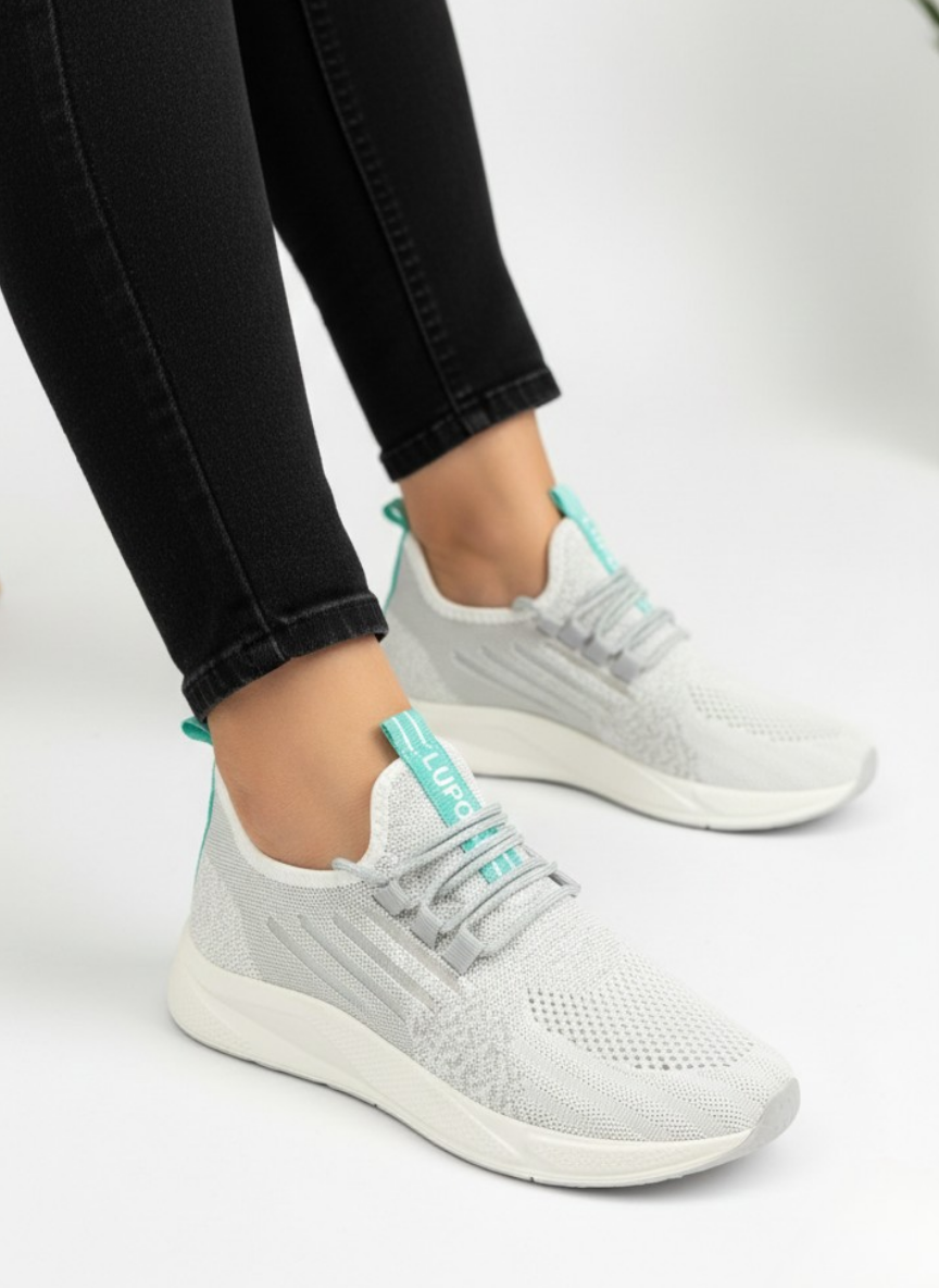 Bağcıklı Triko Unisex Spor Ayakkabı-Buz Beyaz Su Yeşili
