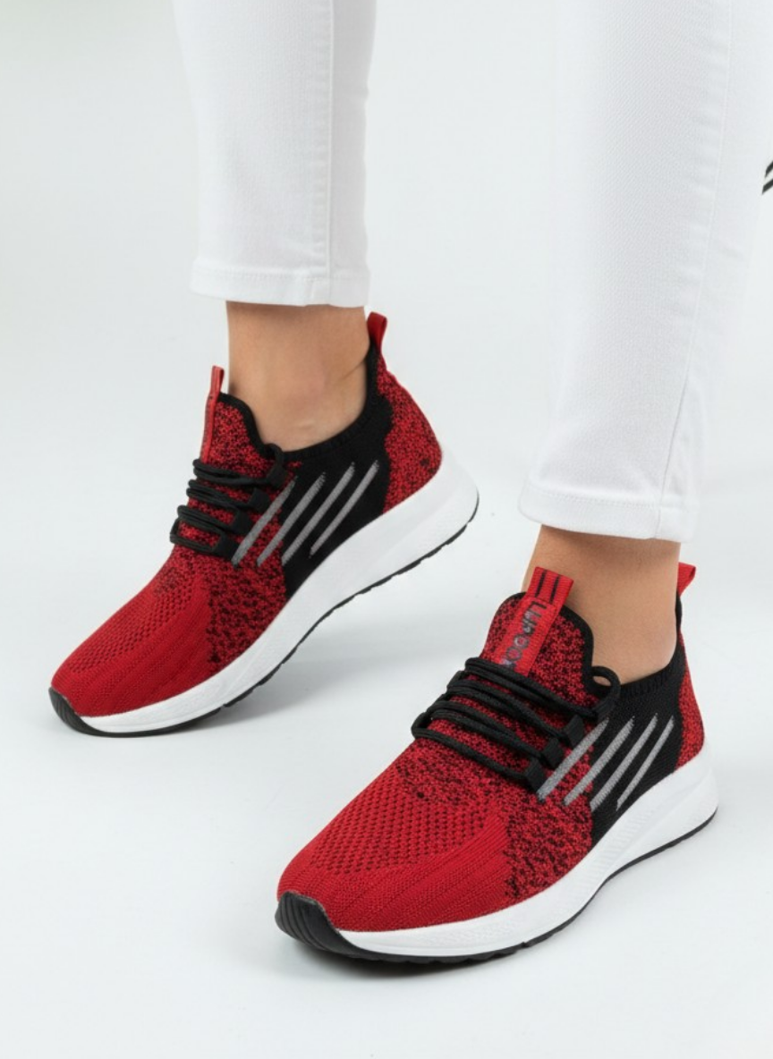 Bağcıklı Triko Unisex Spor Ayakkabı-Kırmızı Siyah