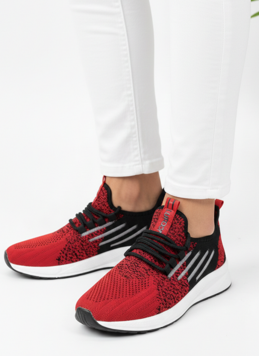 Bağcıklı Triko Unisex Spor Ayakkabı-Kırmızı Siyah