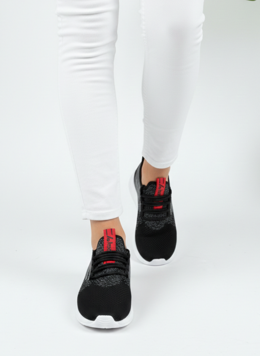 Bağcıklı Triko Unisex Spor Ayakkabı-Siyah Beyaz Kırmızı
