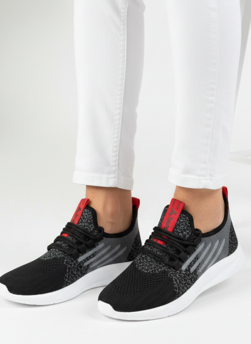 Bağcıklı Triko Unisex Spor Ayakkabı-Siyah Beyaz Kırmızı