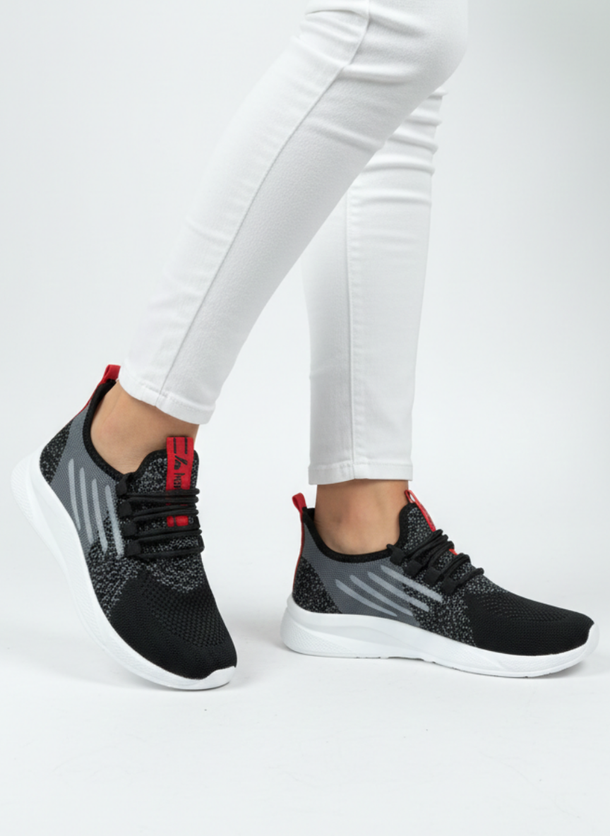 Bağcıklı Triko Unisex Spor Ayakkabı-Siyah Beyaz Kırmızı