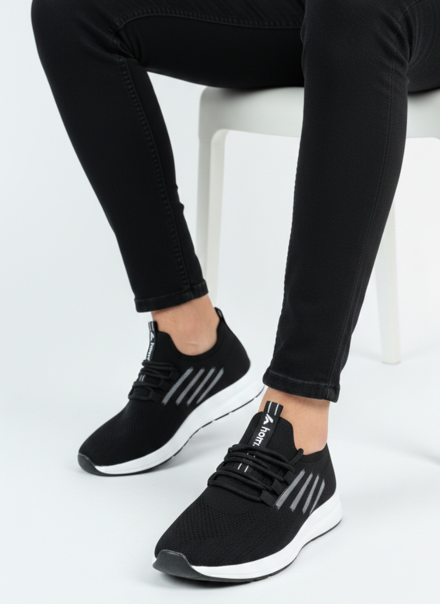Bağcıklı Triko Unisex Spor Ayakkabı-Siyah Beyaz