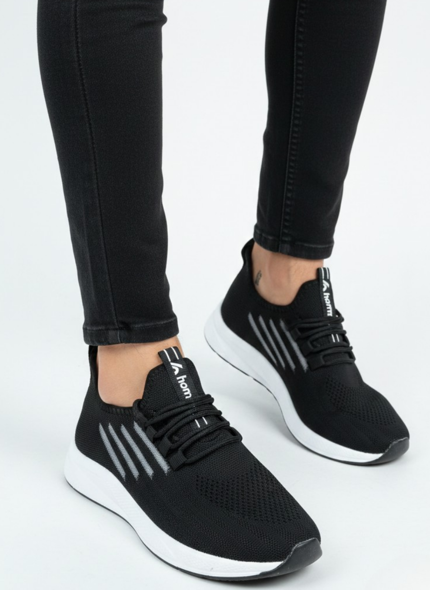 Bağcıklı Triko Unisex Spor Ayakkabı-Siyah Beyaz