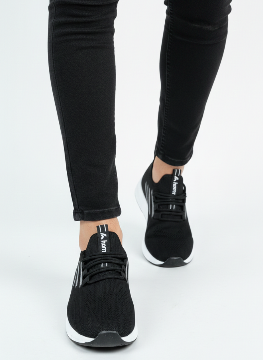 Bağcıklı Triko Unisex Spor Ayakkabı-Siyah Beyaz