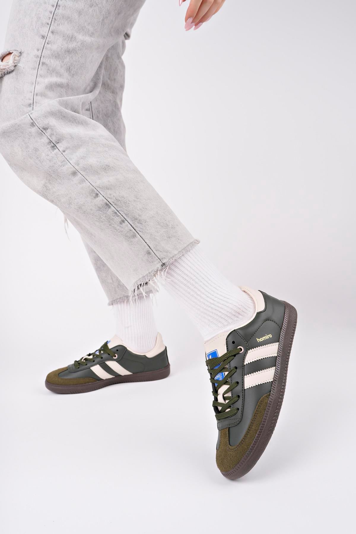 Bağcıklı Unisex Spor Sneaker Ayakkabı-Haki-Bej