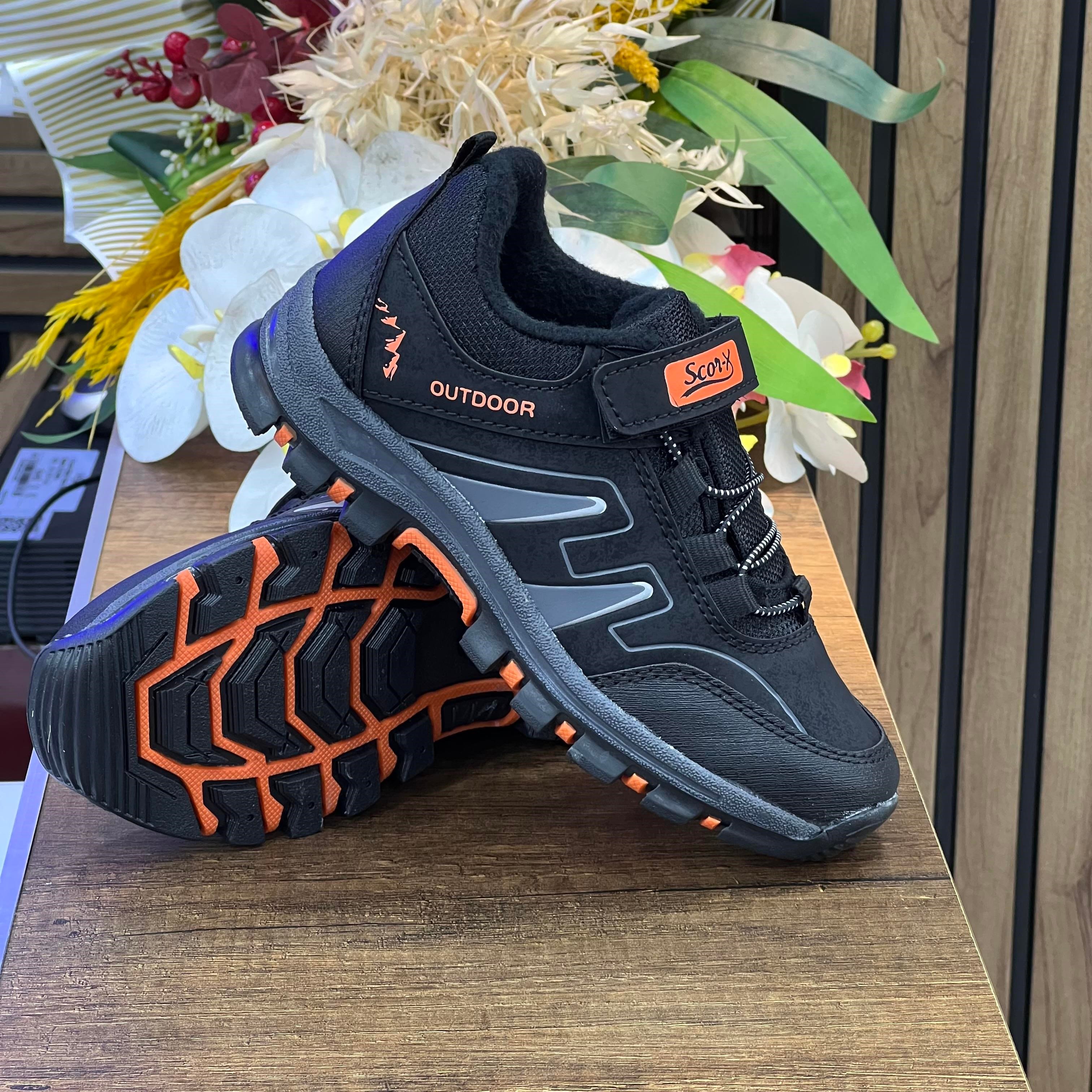 Bantlı Unisex Kısa Çocuk Spor Outdoor Ayakkabı-Siyah-Oranj