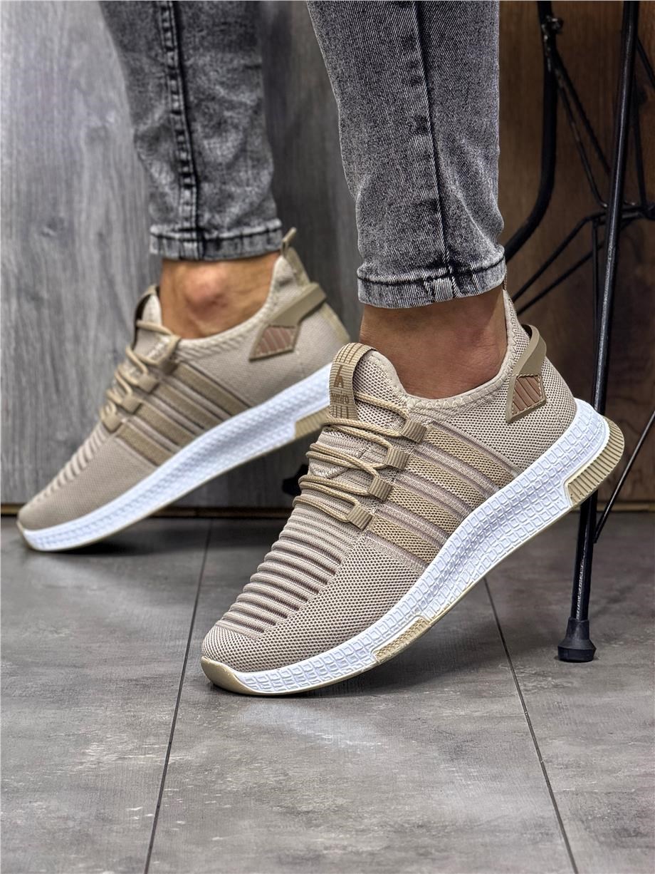 Erkek Bağcıklı Triko Spor Ayakkabı-Bej-Camel