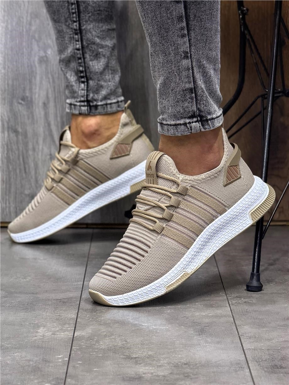 Erkek Bağcıklı Triko Spor Ayakkabı-Bej-Camel