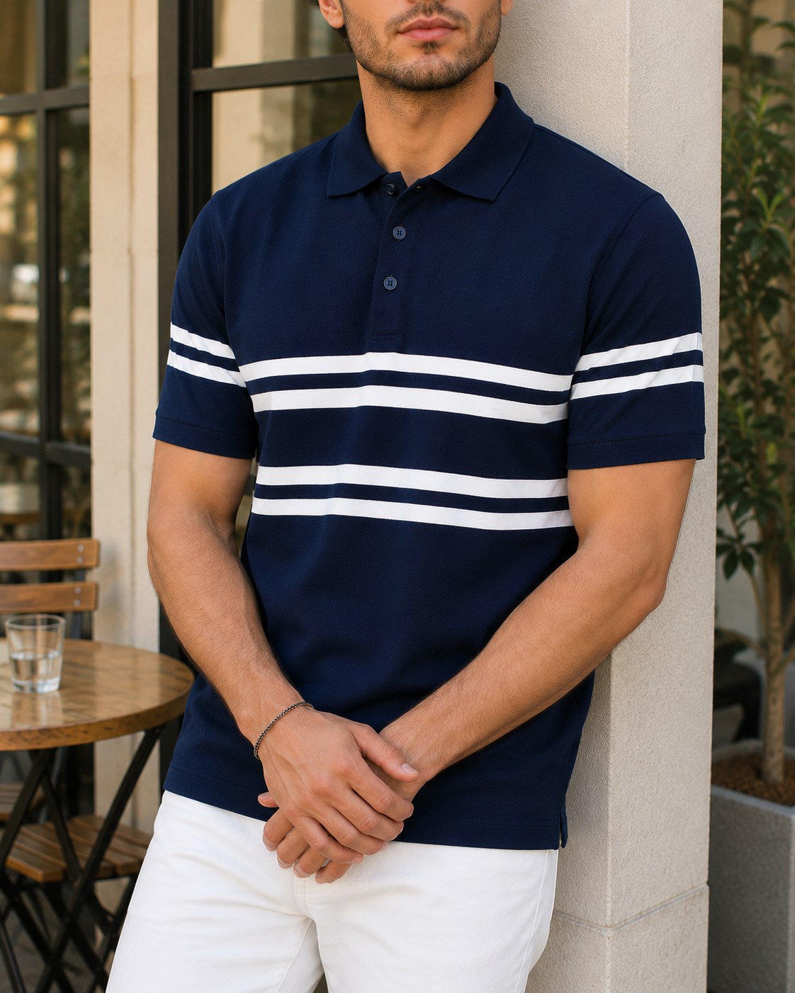 Erkek Modern Çizgili Polo Yaka Triko Tişört Yazlık Rahat ve Şık