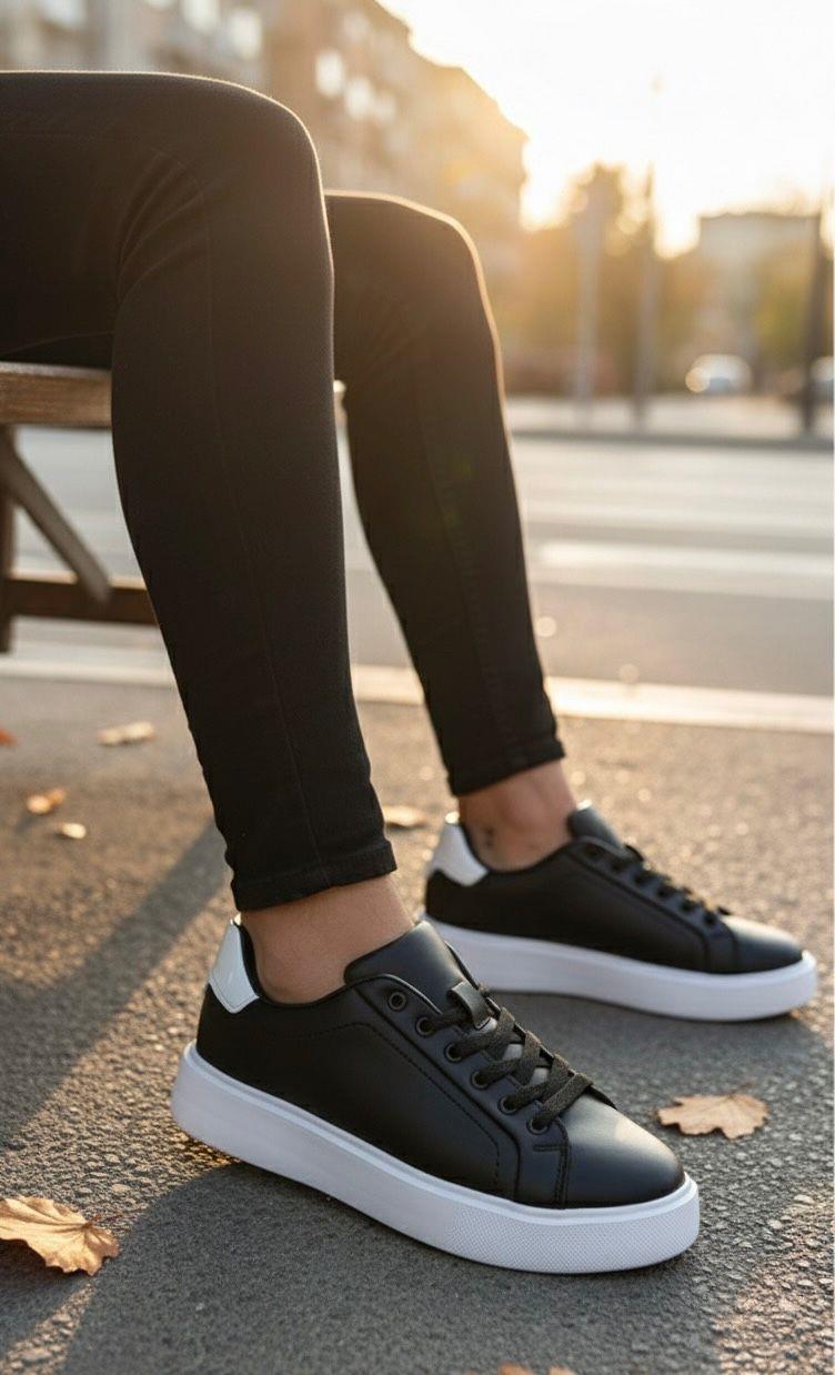 Unisex Su Geçirmez Faylon Taban Sneaker - Siyah Beyaz