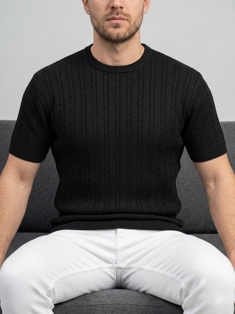 Erkek Siyah Fitilli Triko Slim Fit T-Shirt
