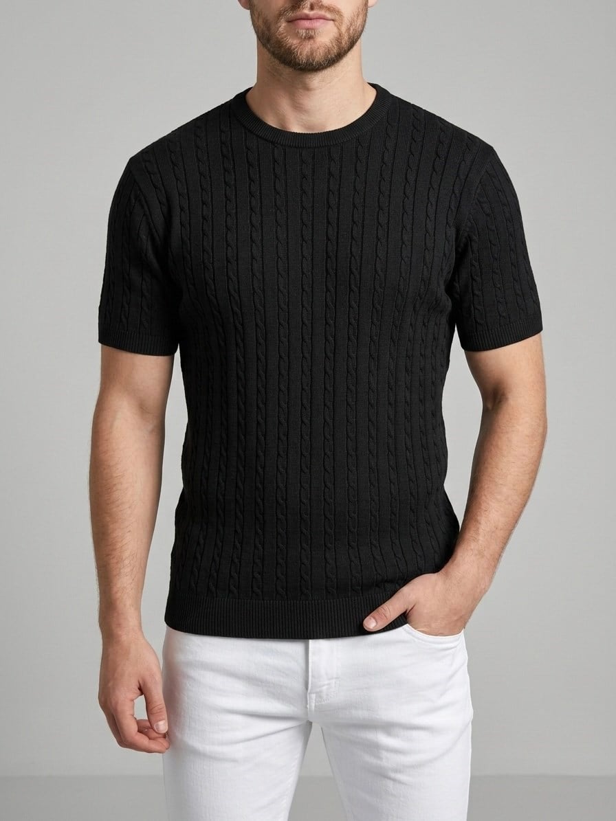 Erkek Siyah Fitilli Triko Slim Fit T-Shirt