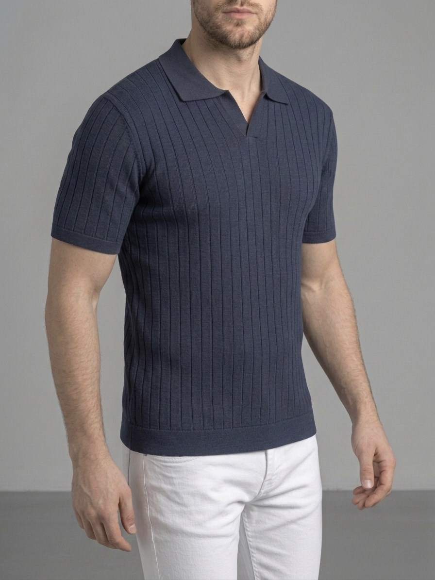 Erkek Slim Fit Ekru Triko Polo Yaka T-Shirt - Lacivert