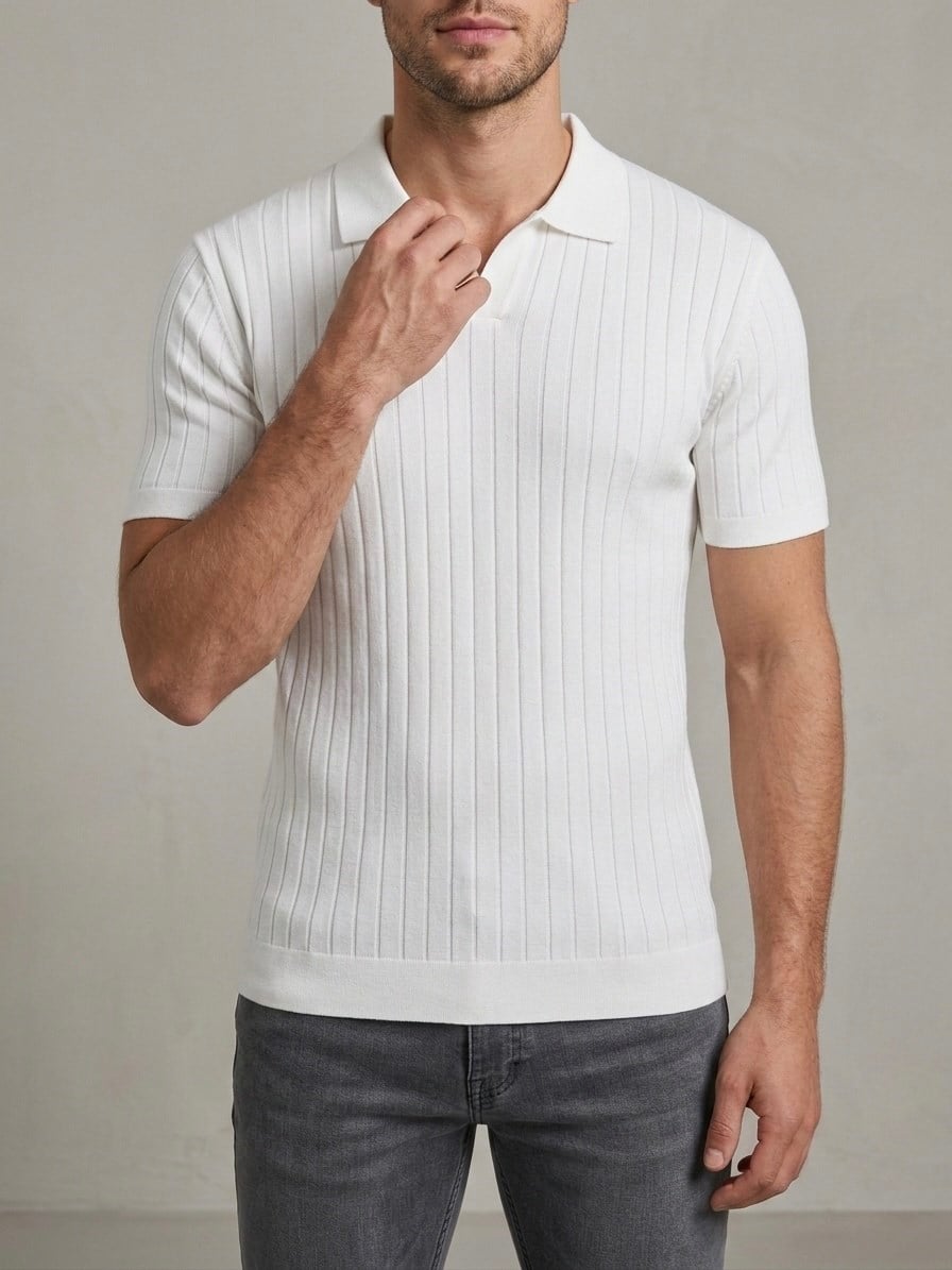Erkek Slim Fit Ekru Triko Polo Yaka T-Shirt - Beyaz