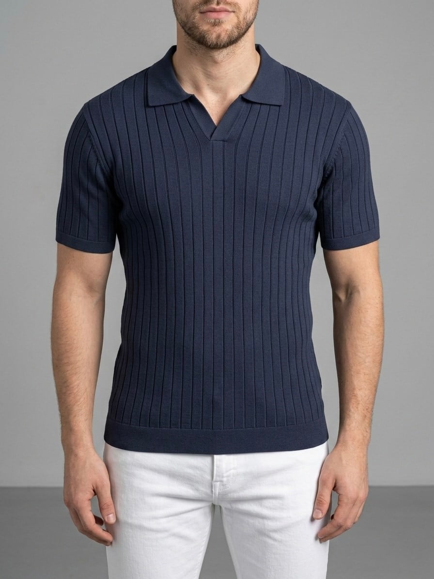 Erkek Slim Fit Ekru Triko Polo Yaka T-Shirt - Lacivert
